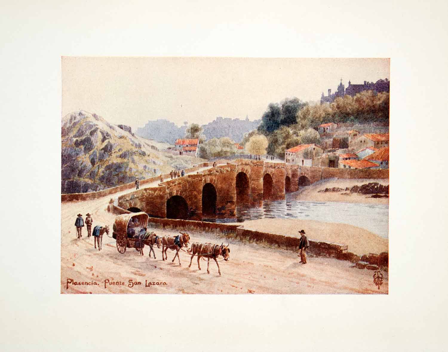 1906 Color Print Wigram Spain Plasencia Extremadura Puente Lazaro Bridge XGJB3