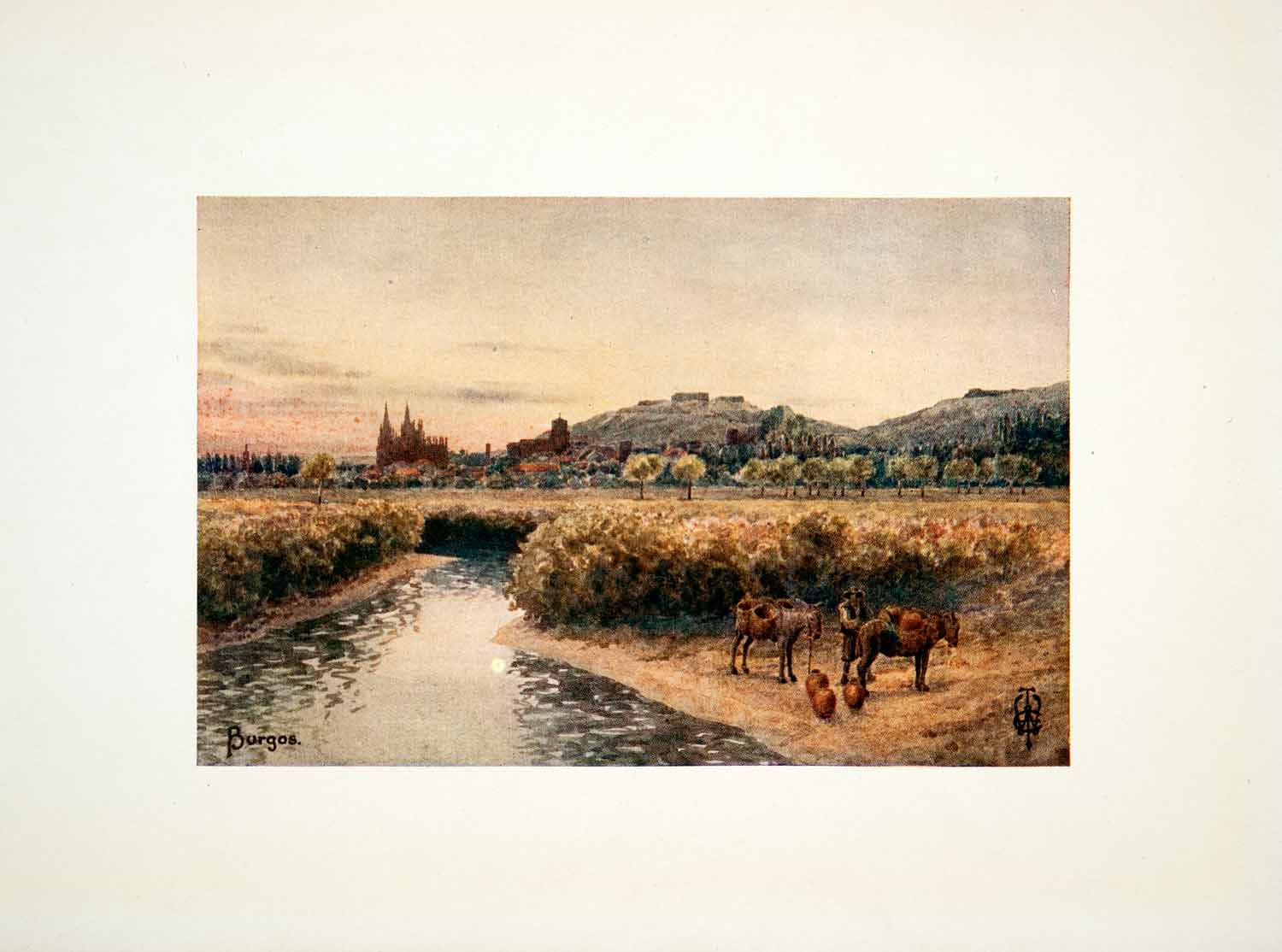 1906 Color Print Wigram Burgos Spain Castile Church Donkey Arlanzon River XGJB3