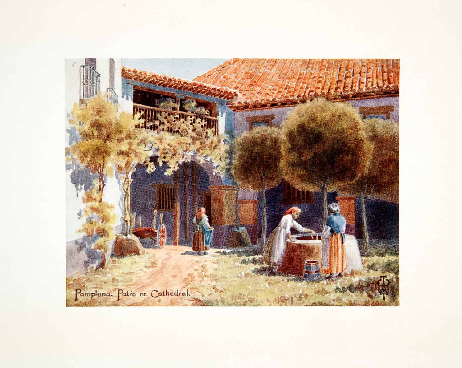 1906 Color Print Wigram Spain Pamplona Iruna Navarre Patio Courtyard Well XGJB3