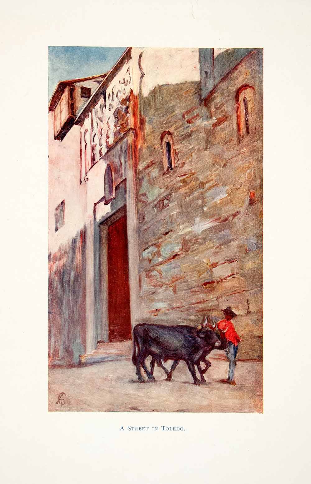1905 Color Print Street in Toledo Spain Cityscape Indigenous People XGJB6