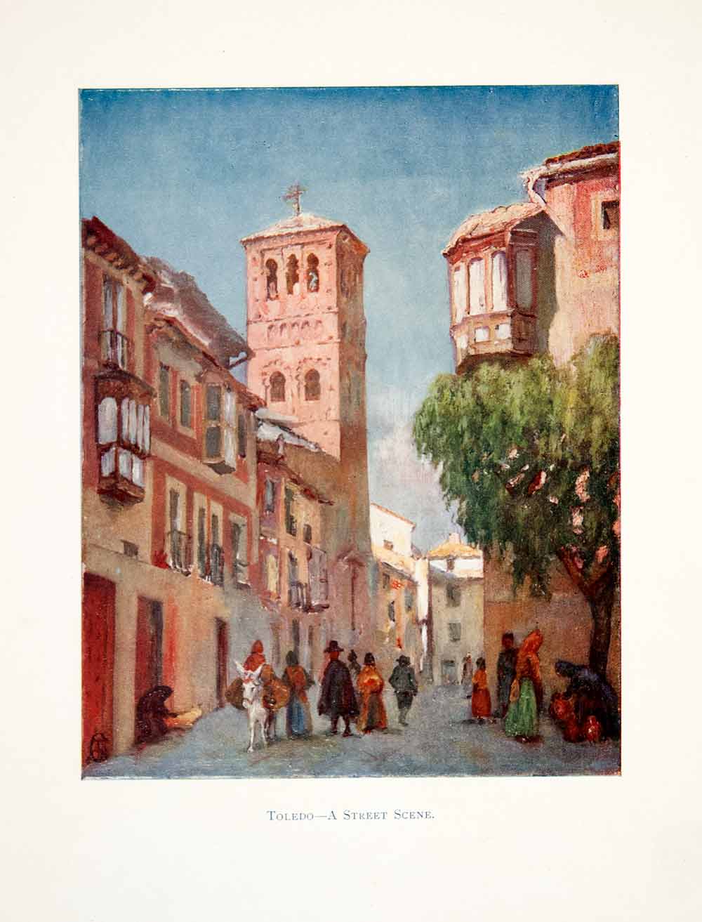 1905 Color Print Toledo Street Scene Cityscape Spain Architecture Donkey XGJB6