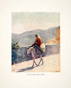 1905 Color Print On the High Road Ronda Spain Donkey Mountains Wall Woman XGJB6
