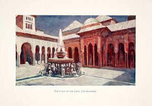 1905 Color Print court Lions Alhambra Castle Fortress Granada Courtyard XGJB6