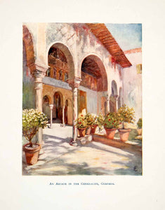 1905 Color Print Arcade Generalife Granada Walkway Arches Floral XGJB6