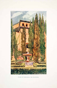 1905 Color Print Court Lindaraxa Alhambra Granada Spain Fountain Trees XGJB6
