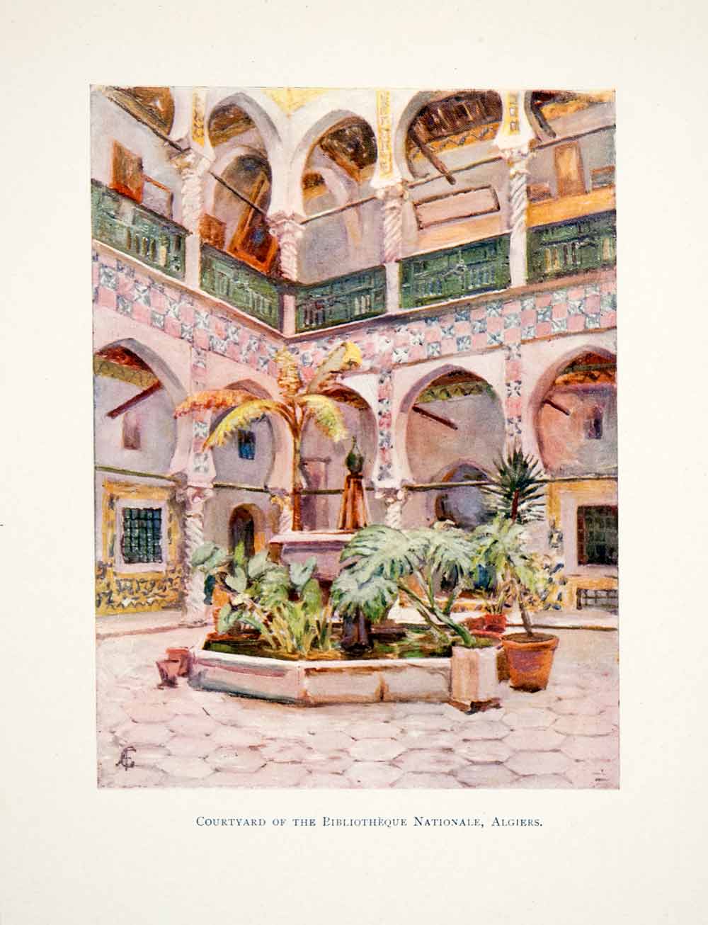 1905 Color Print Courtyard Bibliotheque Nationale Algiers Algeria Library XGJB6