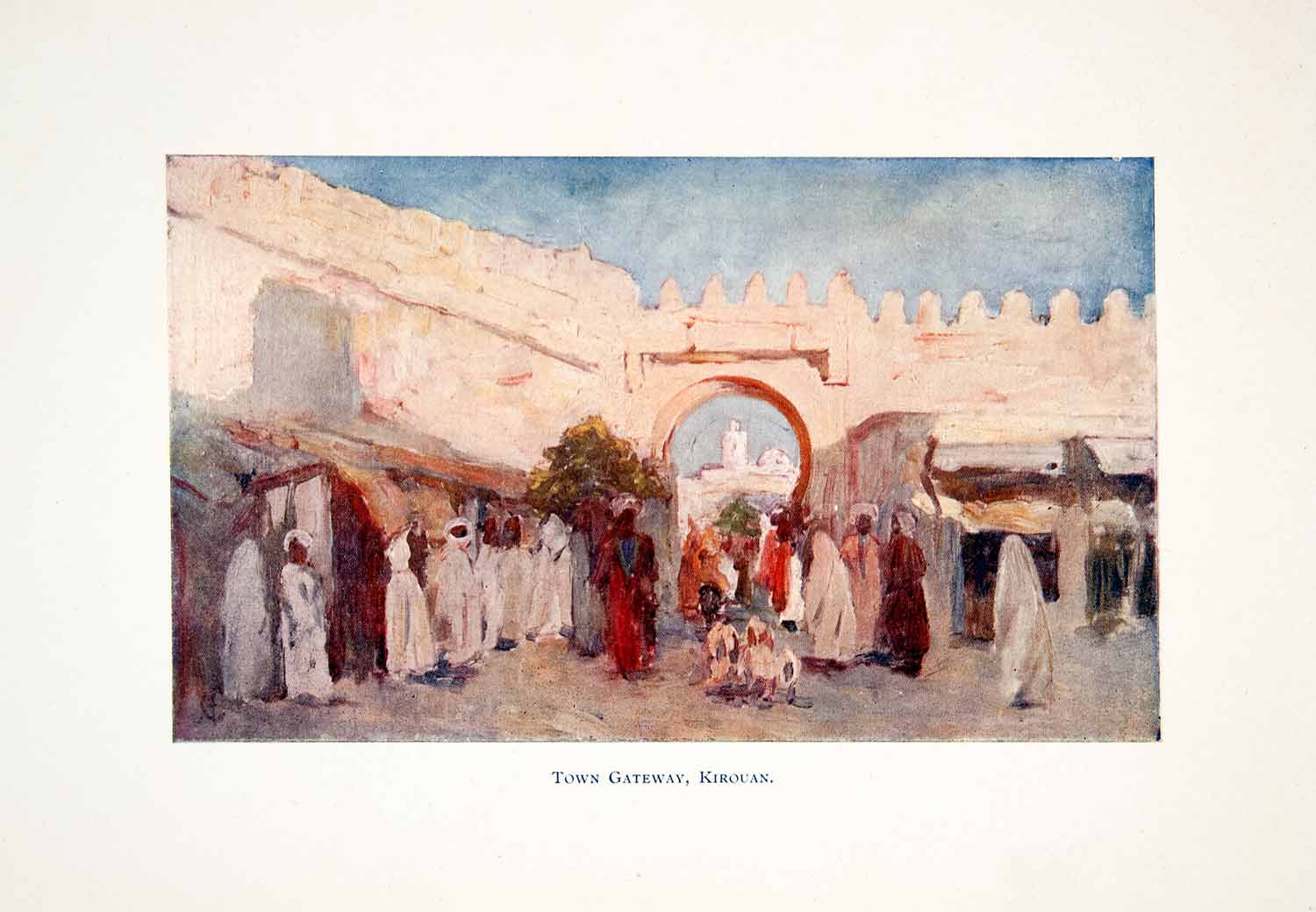 1905 Color Print Town Gateway Kairouan Tunisia Indigenous People Cityscape XGJB6