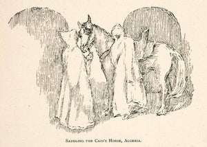 1905 Wood Engraving Saddling Caid's Horse Algeria Equestrian Master Leader XGJB6