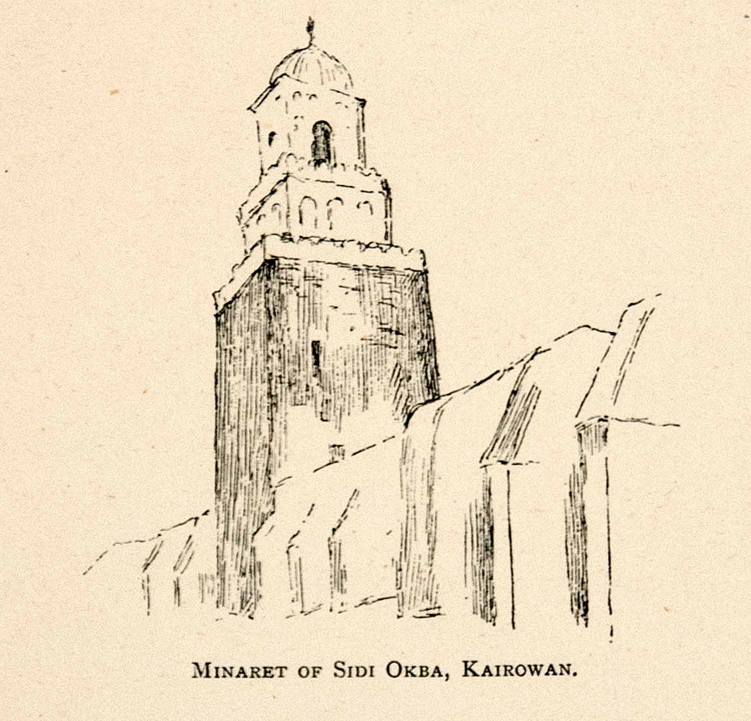 1905 Wood Engraving Minaret Sidi Okba Kairowan Tunisia Muslim General Uqba XGJB6