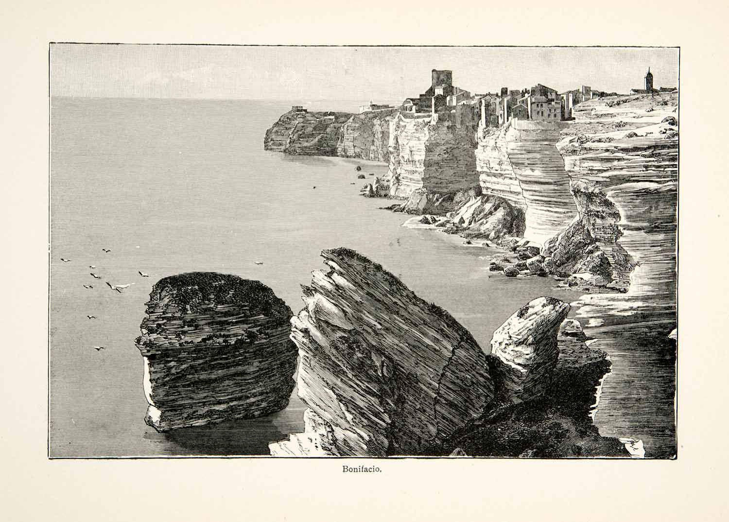 1896 Wood Engraving Gaston Vuiliier Bonifacio Cliff Corsica Mediterranean XGJB9