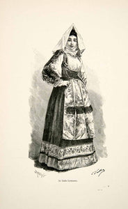 1896 Wood Engraving Gaston Vuillier Gala Costume Woman Traditional Dress XGJB9