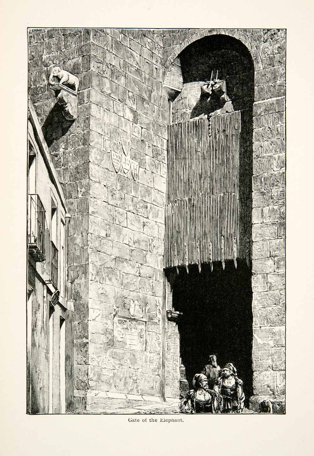 1896 Wood Engraving Gaston Vuillier Gate Elephant Cagliari Sardinia XGJB9 - Period Paper
