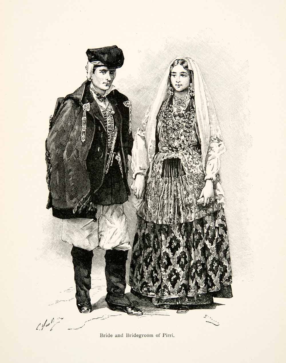 1896 Wood Engraving Gaston Vuillier Costume Bride Groom Pirri Traditional XGJB9