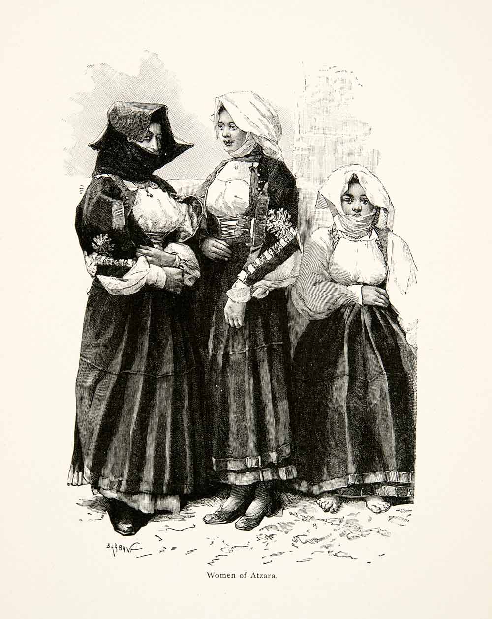 1896 Wood Engraving Gaston Vuillier Costume Sardinia Women Traditional XGJB9