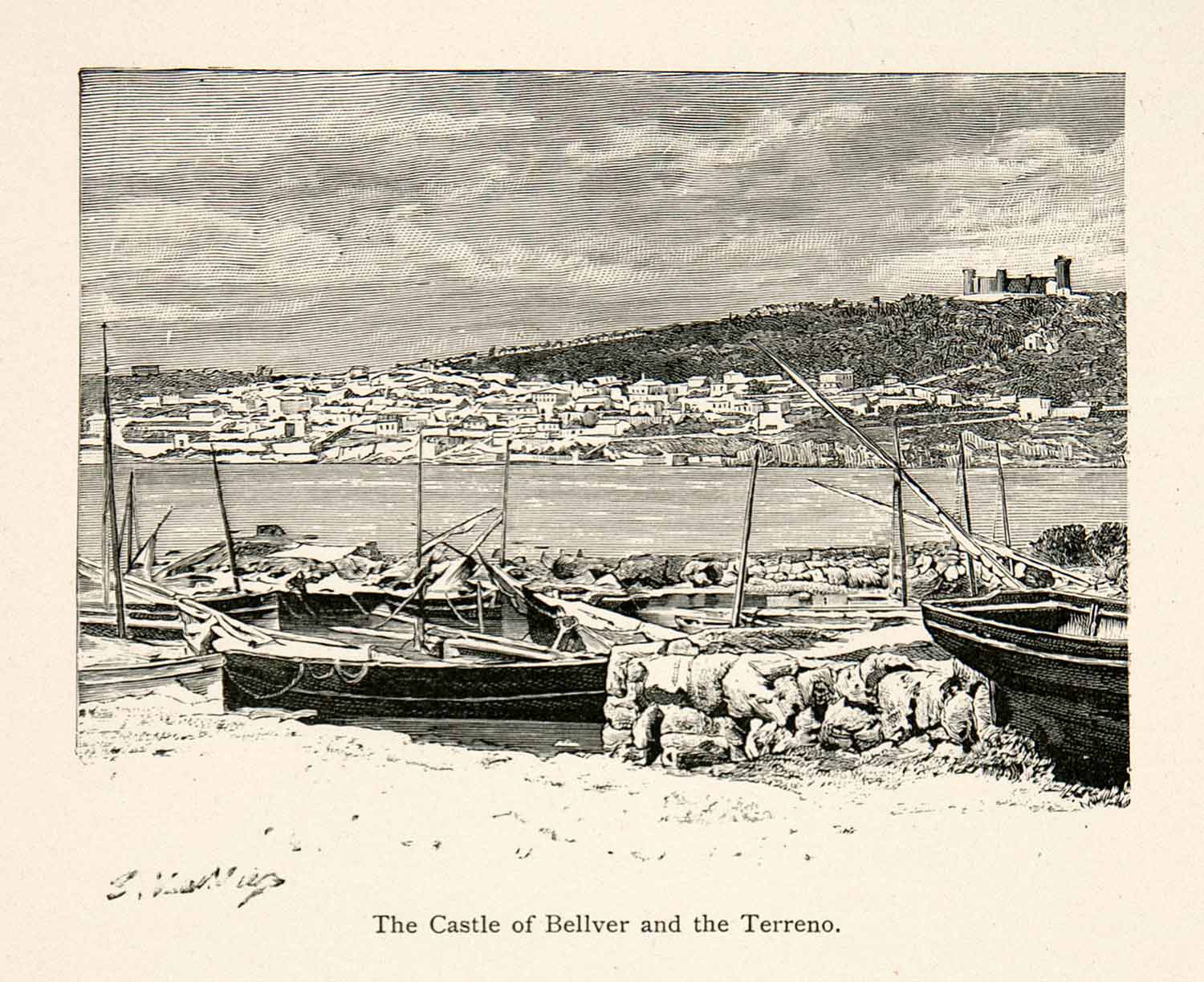 1896 Wood Engraving Gaston Vuillier Castle Bellver Terreno Majorca XGJB9