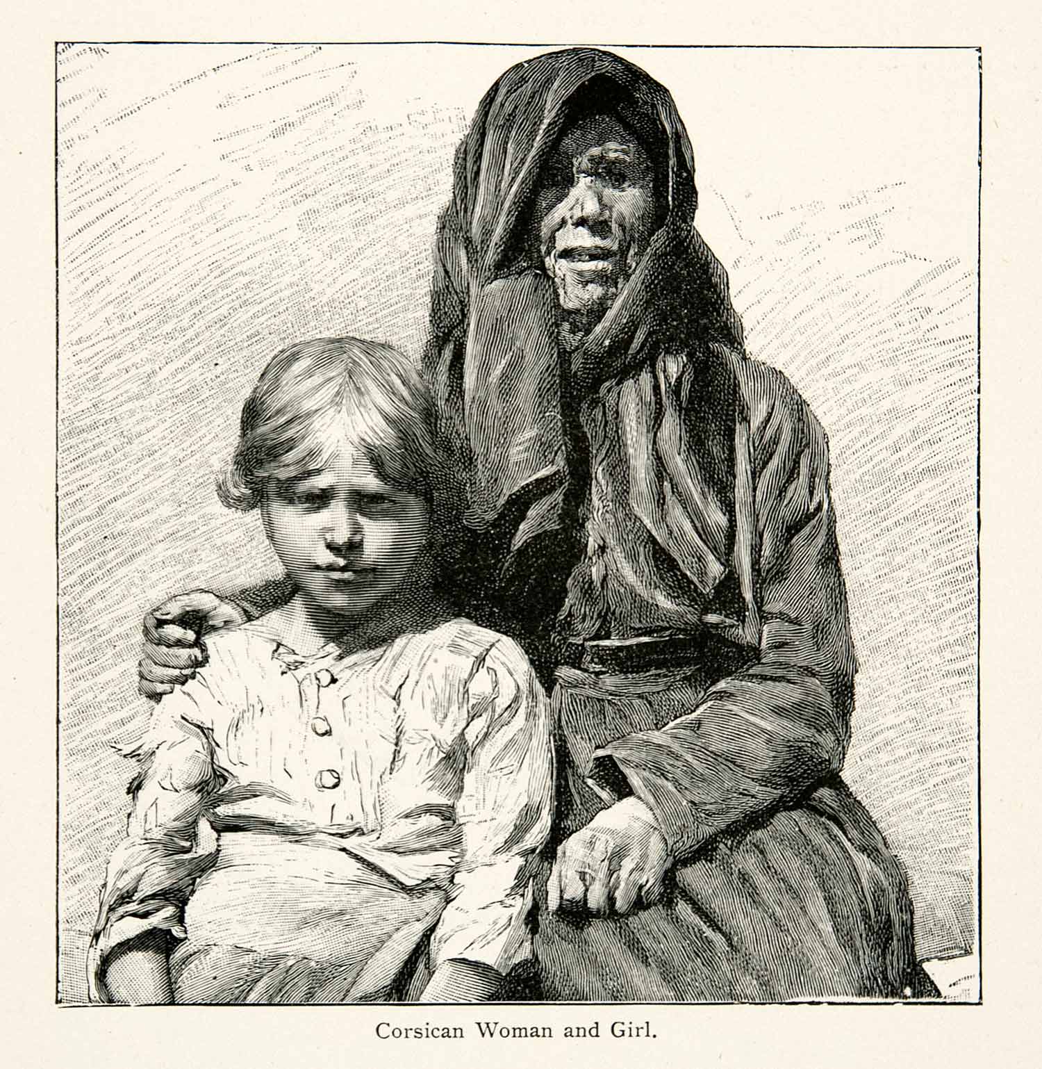 1896 Wood Engraving Gaston Vuillier Corsican Woman Child Native Portrait XGJB9