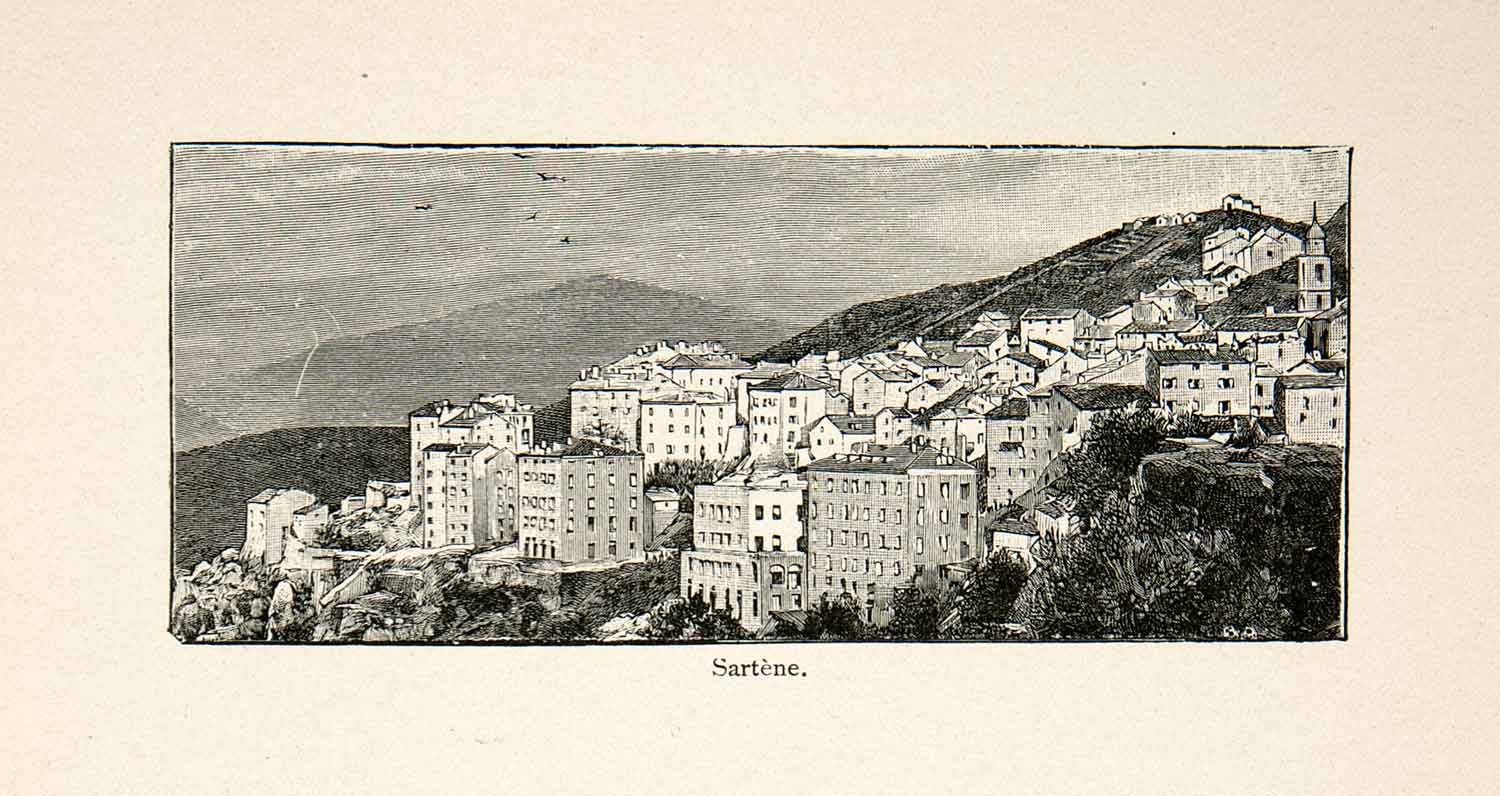 1896 Wood Engraving Gaston Vuillier Sartene Corsica Cityscape Mountain XGJB9