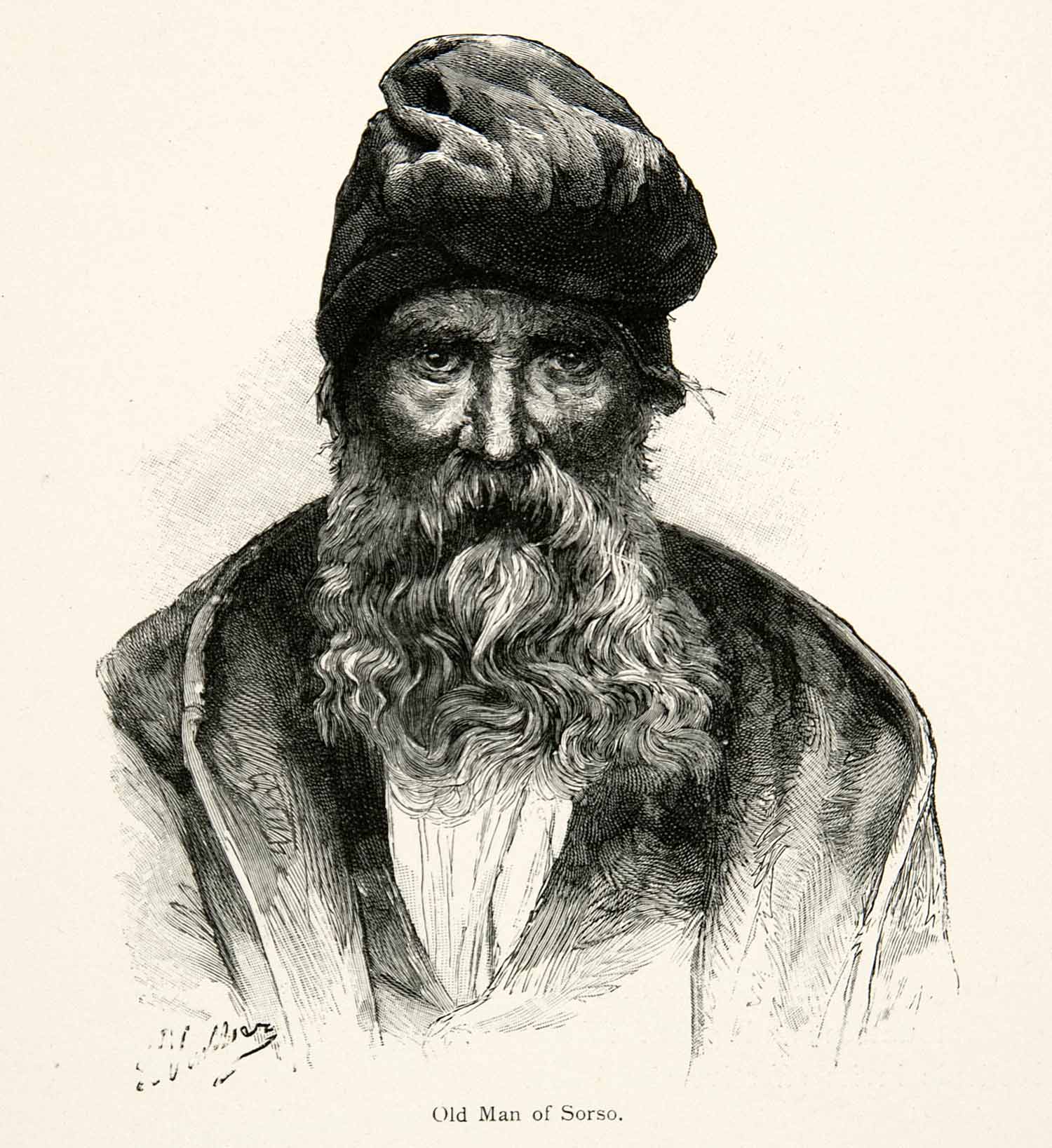 1896 Wood Engraving Gaston Vuillier Portrait Native Sorso Sardinia Elderly XGJB9