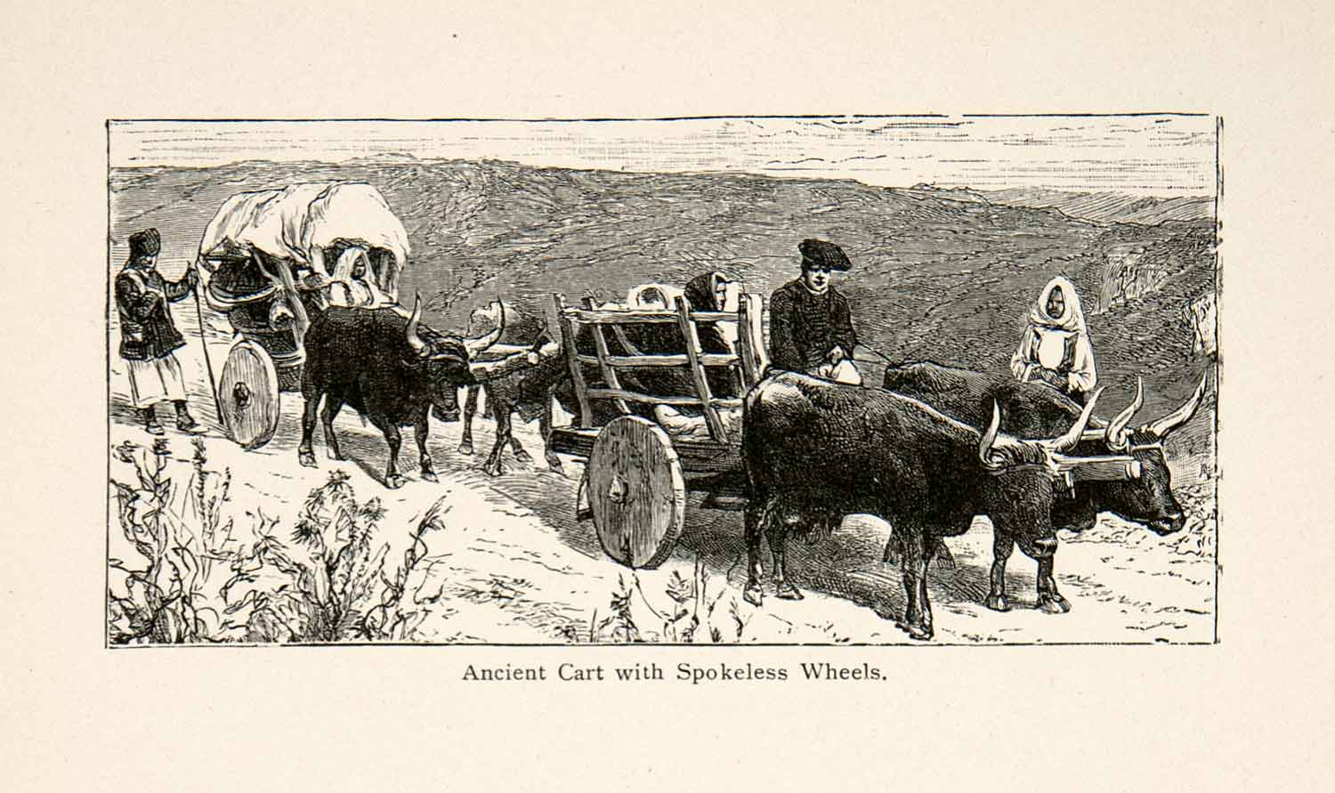 1896 Wood Engraving Gaston Vuillier Sardinia Peasant Yoked Oxen Cart Wagon XGJB9