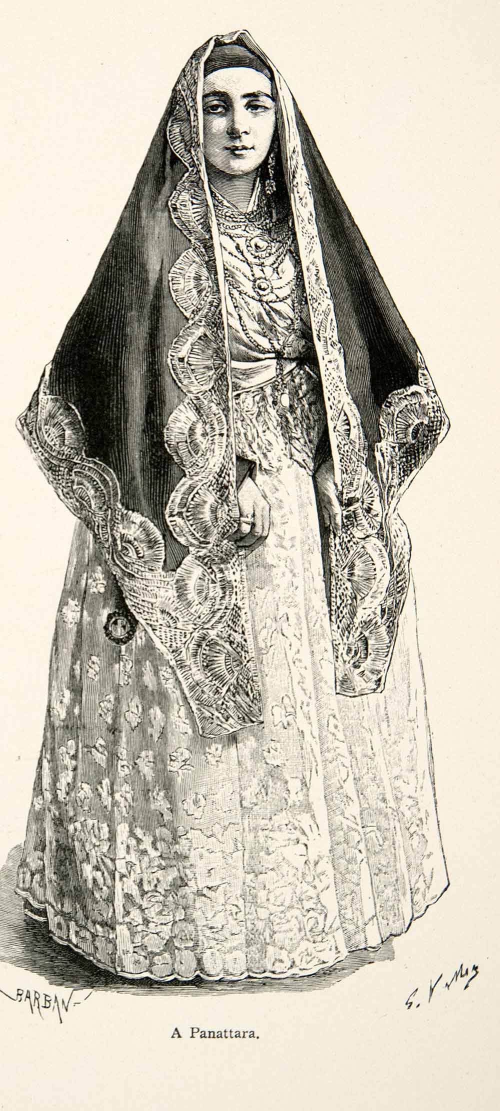 1896 Wood Engraving Gaston Vuillier Panattara Costume Mantilla Woman XGJB9