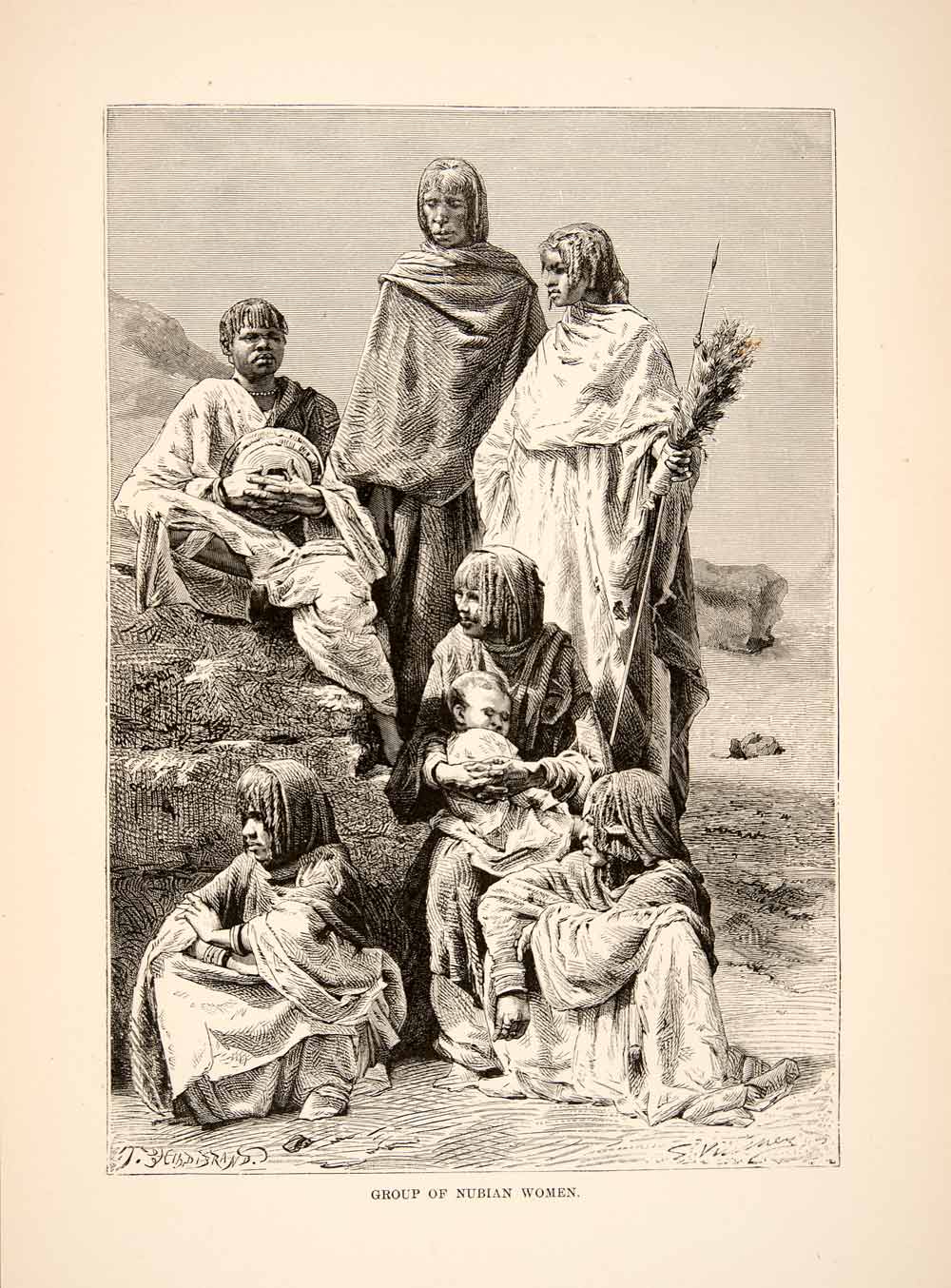 1892 Wood Engraving (Photoxylograph) Nubian Women Child Baby Africa Sudan XGJC1