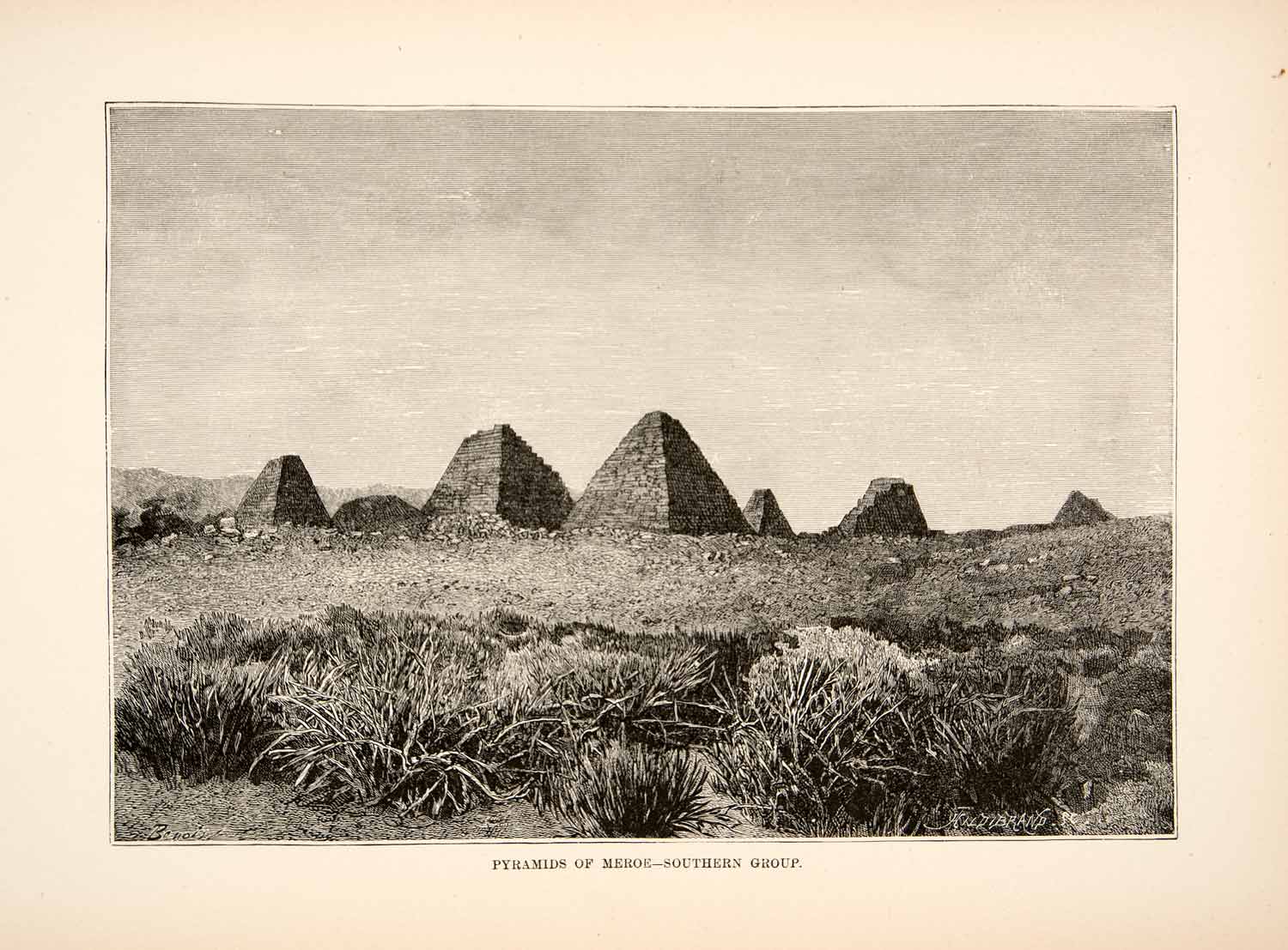 1892 Wood Engraving (Photoxylograph) Ruins Pyramids Meroe Kush Kabushiya XGJC1