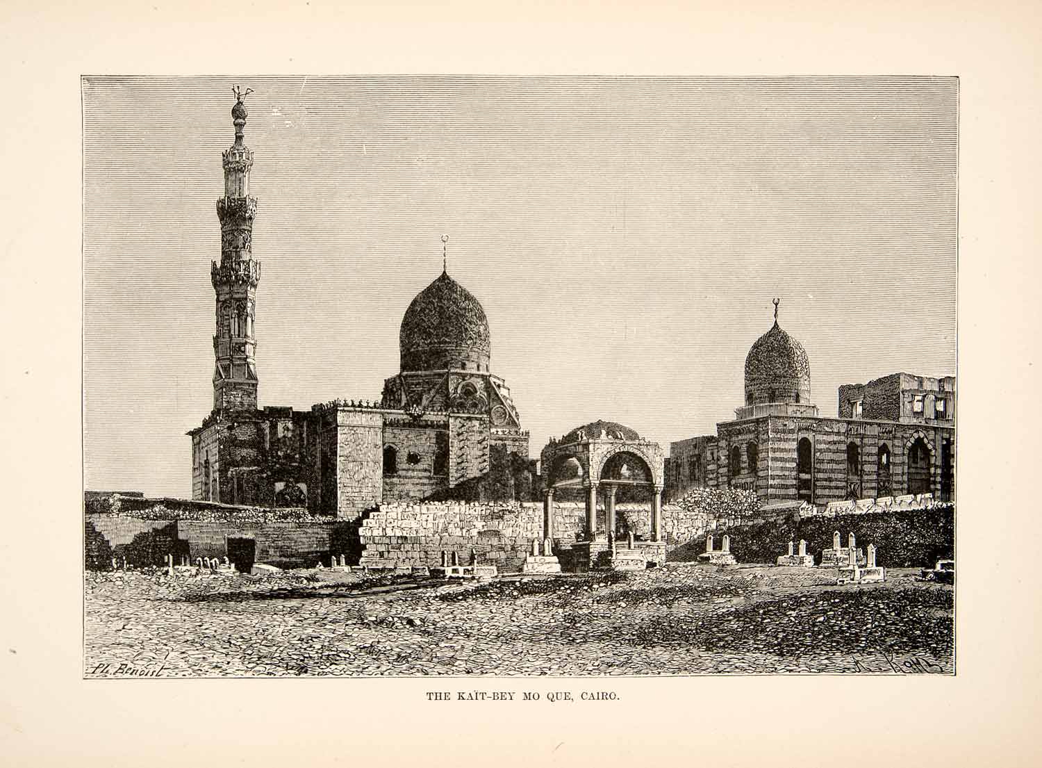 1892 Wood Engraving (Photoxylograph) Qaitbay Mosque Cairo Egypt Minarets XGJC1