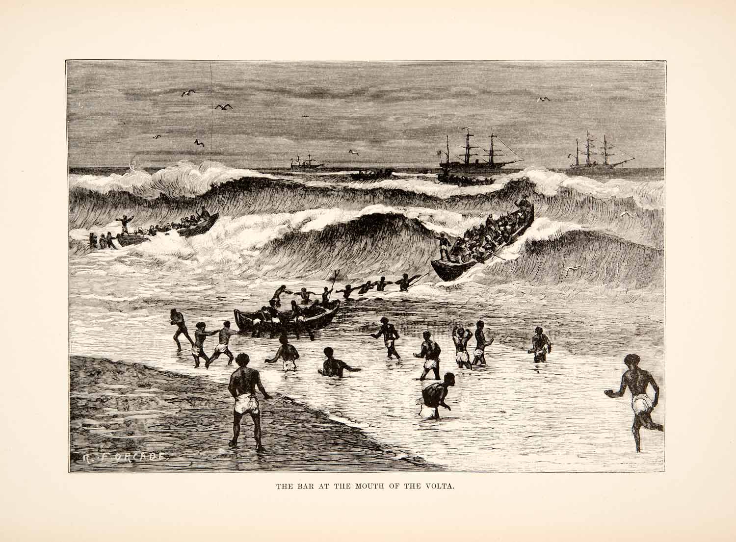 1892 Wood Engraving (Photoxylograph) Mouth Bar Volta River Ghana Africa XGJC1