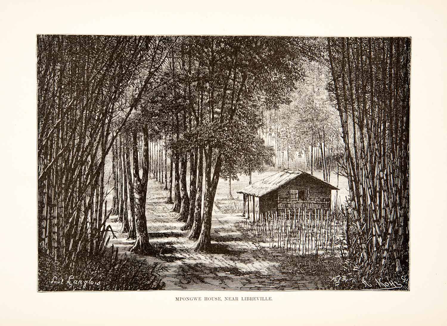 1892 Wood Engraving (Photoxylograph) Mpongwe House Hut Libreville Gabon XGJC1