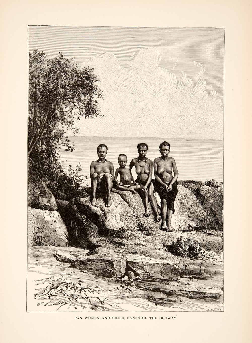 1892 Wood Engraving (Photoxylograph) Fang Child Women Nude Ogooue River XGJC1