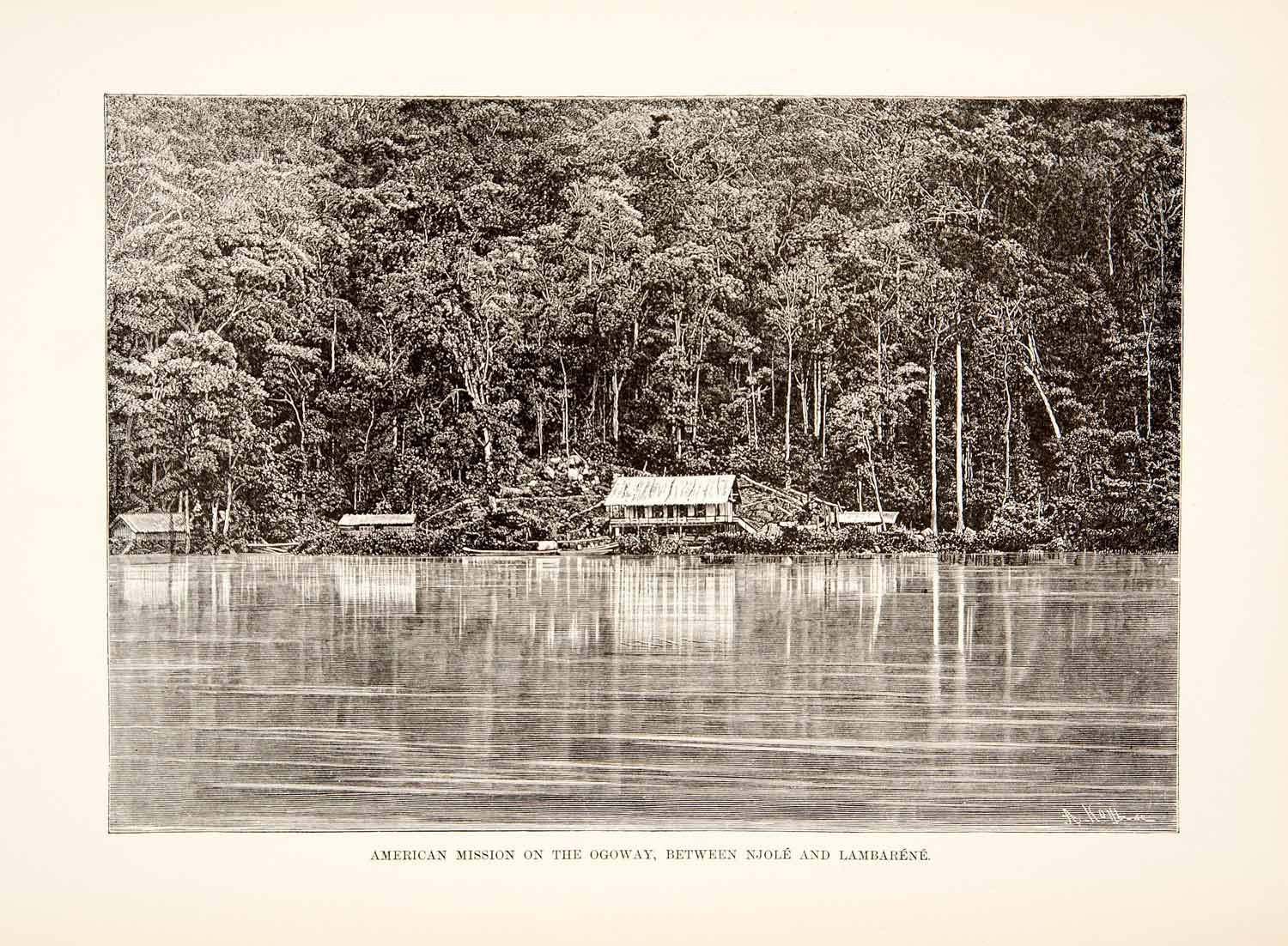 1892 Wood Engraving (Photoxylograph) American Mission Ogooue River Gabon XGJC1 - Period Paper
