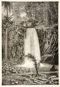1892 Wood Engraving Waterfall Cascade Blublu Sao Tome Island Principe XGJC1