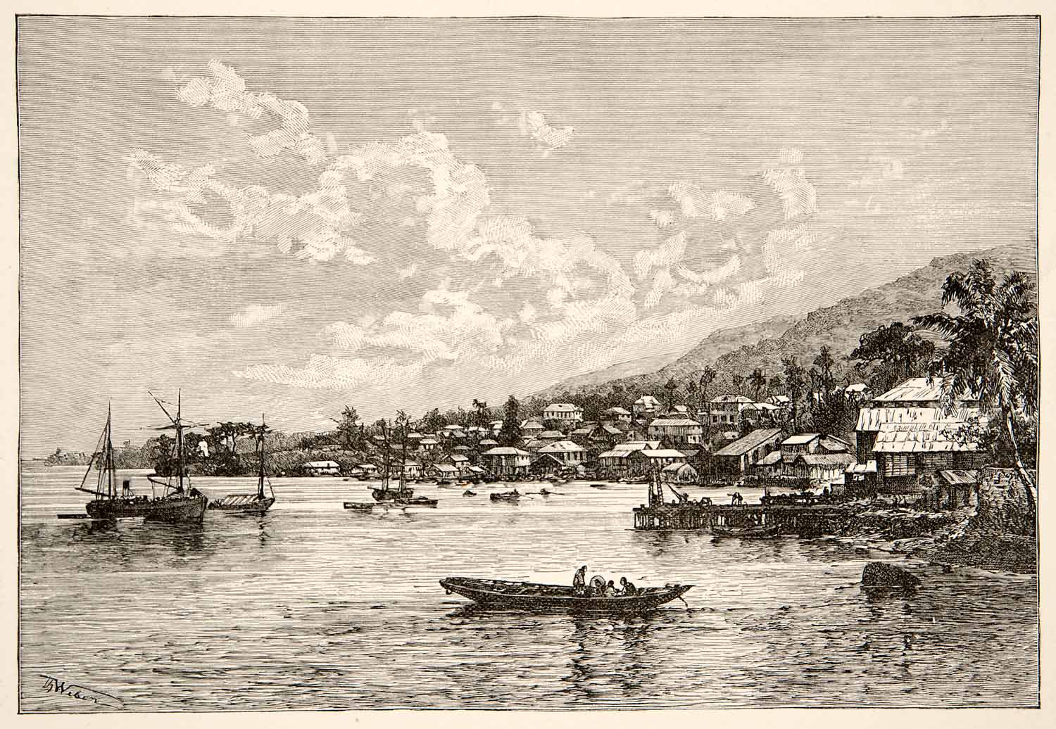 1892 Wood Engraving Sawpit Bay Harbor Seaport Freetown Sierra Leone Africa XGJC1