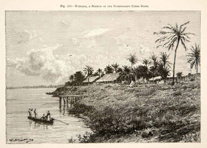 1892 Wood Engraving Bangala Makanza Congo Independent Station Africa River XGJC1