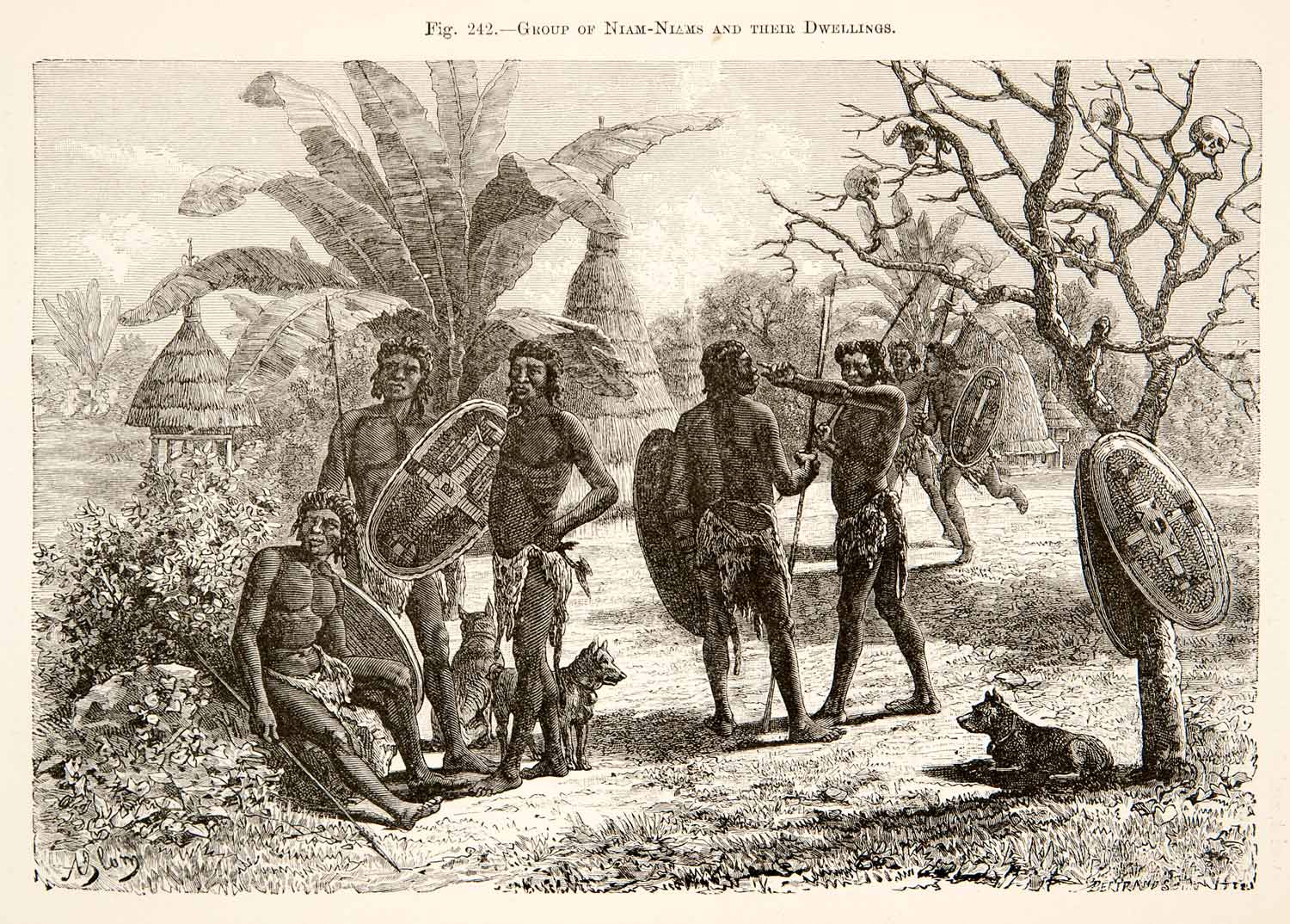 1892 Wood Engraving Azande Warriors Dog Nyam-Nyam Hut Dwelling Congo XGJC1