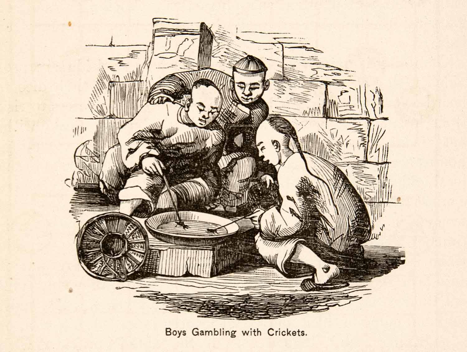 1898 Print Boys Children Gamble Crickets China Cityscape Game Play Costume XGJC3