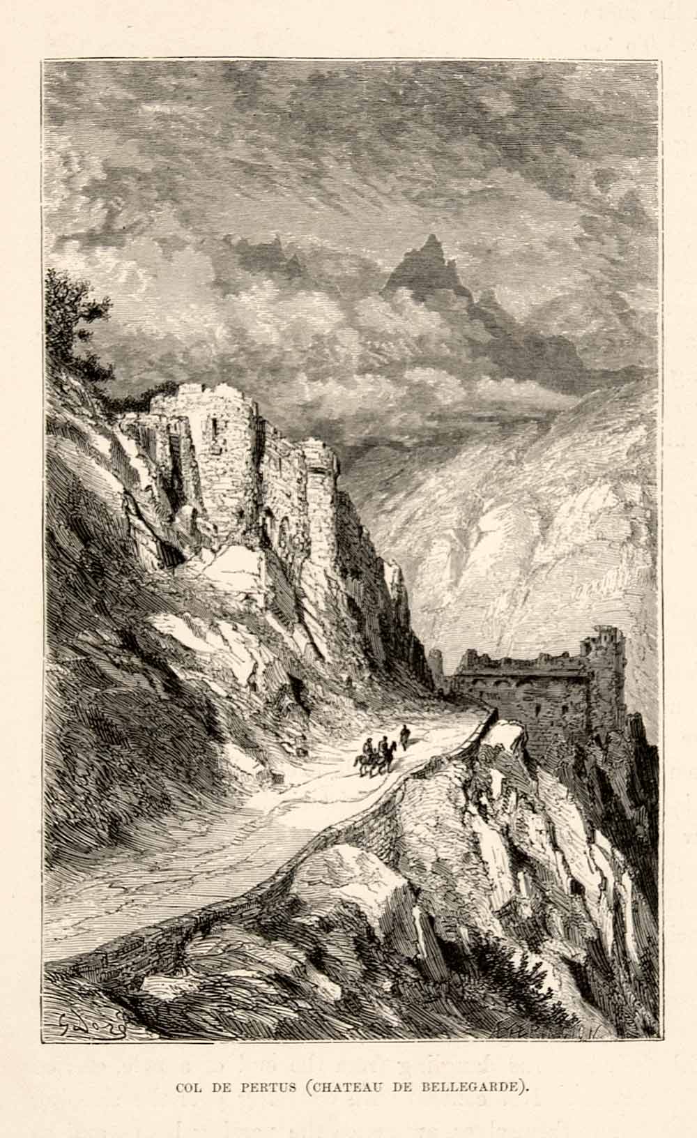 1876 Wood Engraving Col Pertus Pyrenees Passage Chateau Bellegarde France XGJC4