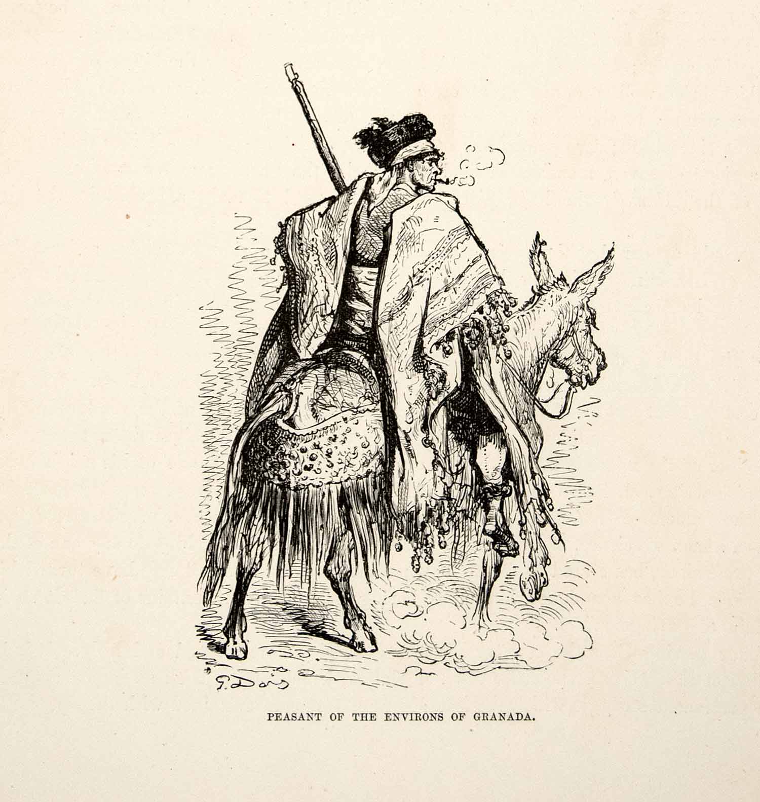 1876 Print Spain Andalusia Granada Peasant Costume Donkey Rider Burro Pipe XGJC4