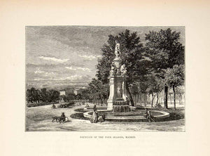 1876 Wood Engraving Dore Fountain Four Seasons Madrid Spain Park Garden XGJC4