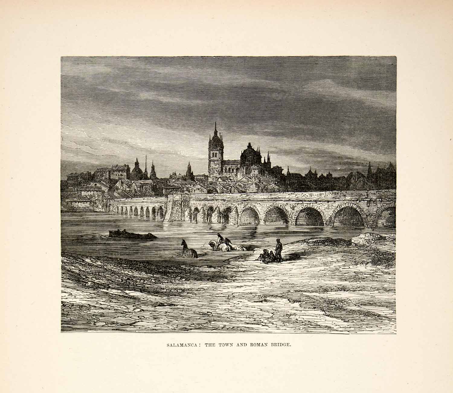 1876 Wood Engraving Salamanca Castile Leon Spain Dore Roman Bridge Church XGJC4