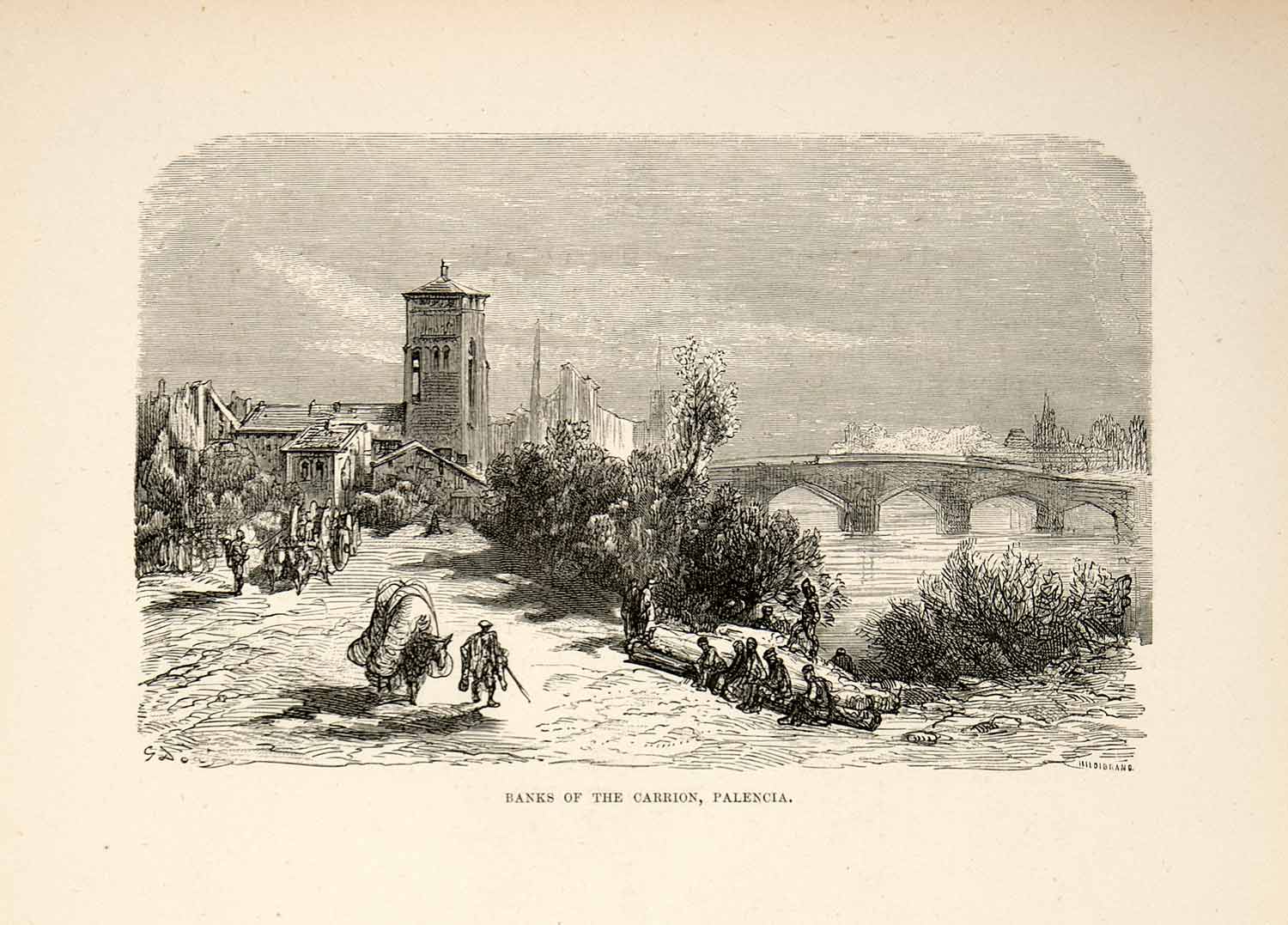 1876 Wood Engraving Palencia Castile Leon Spain Dore Carrion River Valley XGJC4