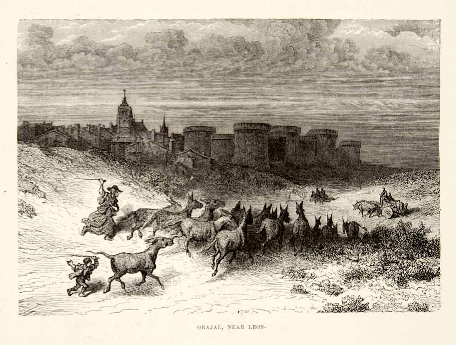 1876 Print Grajal Campos Castile Leon Spain Dore Herd Donkey Burros Mules XGJC4