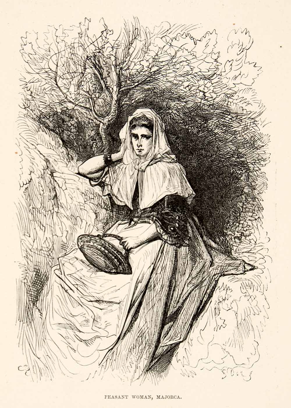 1876 Print Dore Peasant Woman Majorca Mallorca Spain Balearic Island XGJC4