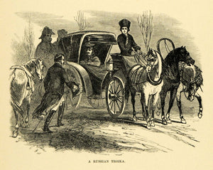1905 Wood Engraving Art Russian Troika Three Horse Carriage Transportation XGK2