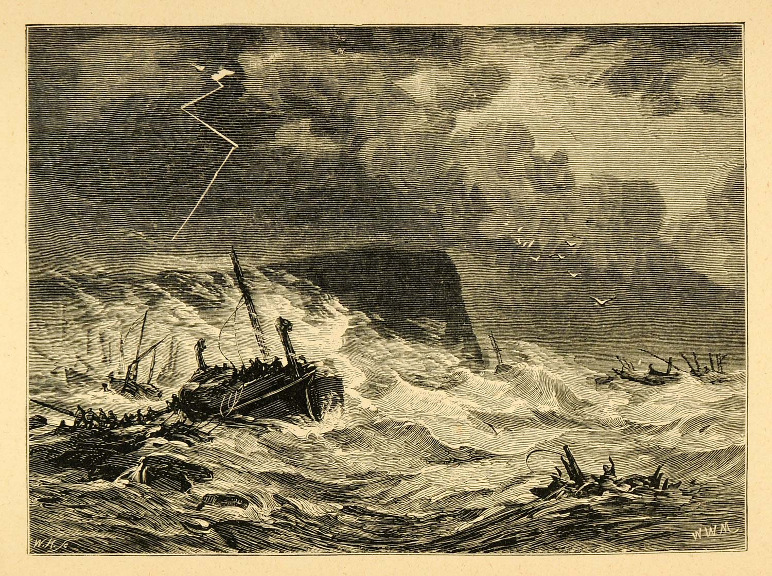 1878 Wood Engraving Natural Disaster Storm Lightning Persian Fleet Ocean XGK4