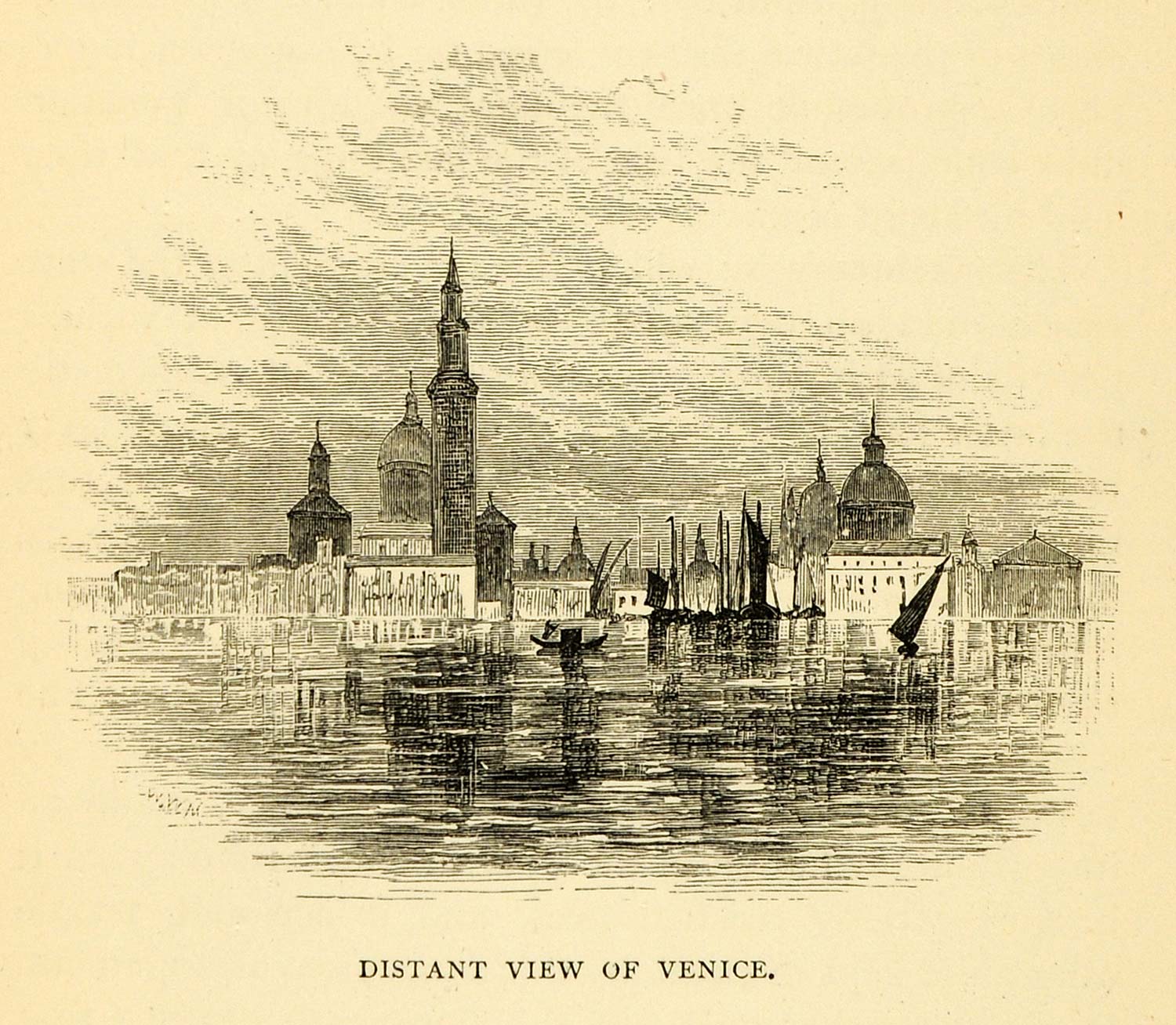 1878 Wood Engraving Venice Italy Walter May Venezia Italia Tower Cityscape XGK4