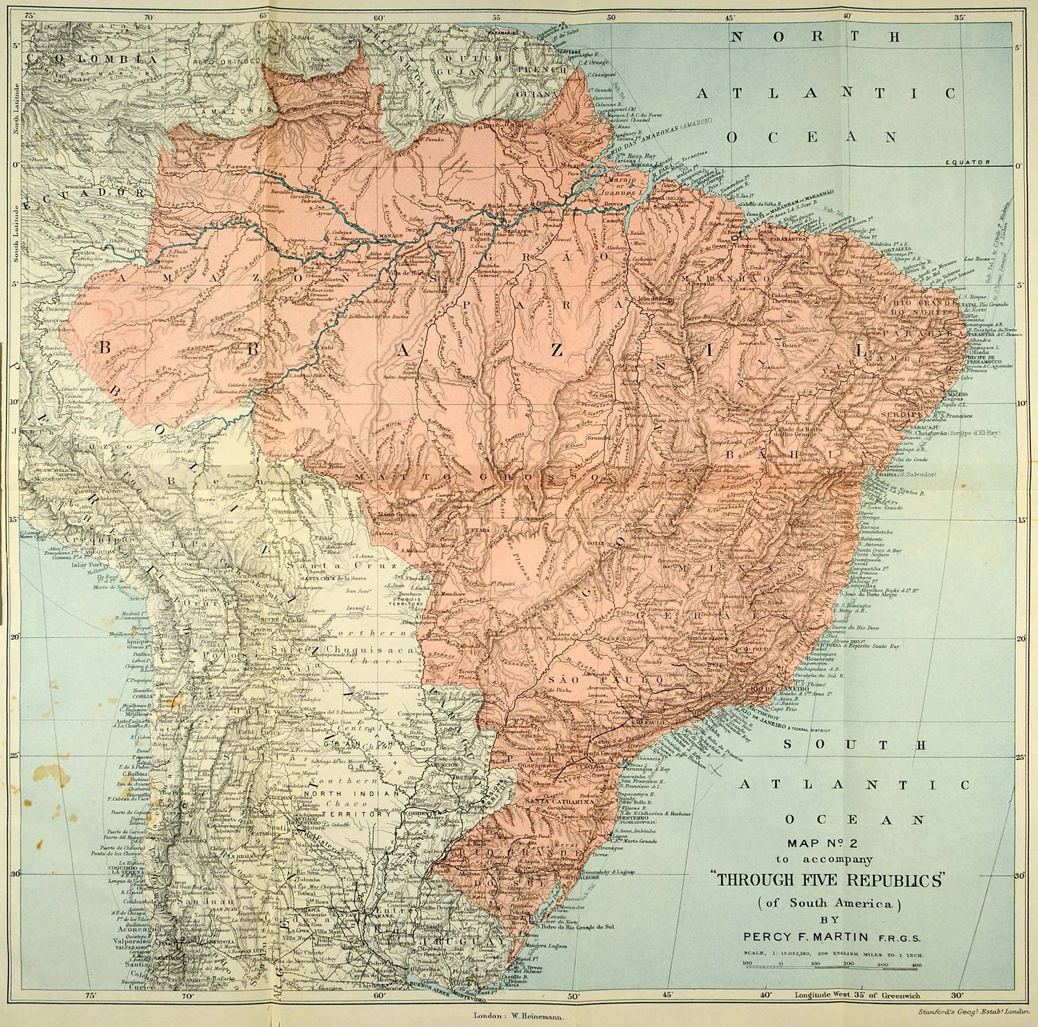 1906 Print Map Brazil Sao Paulo Geraes Cartography Percy Martin South XGK5