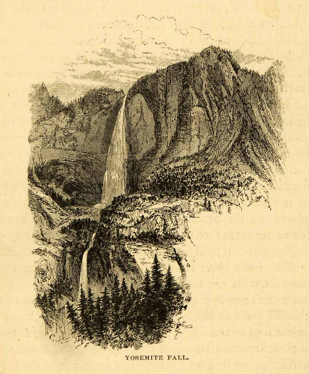 1872 Wood Engraving Yosemite Fall National Park United States America XGK6