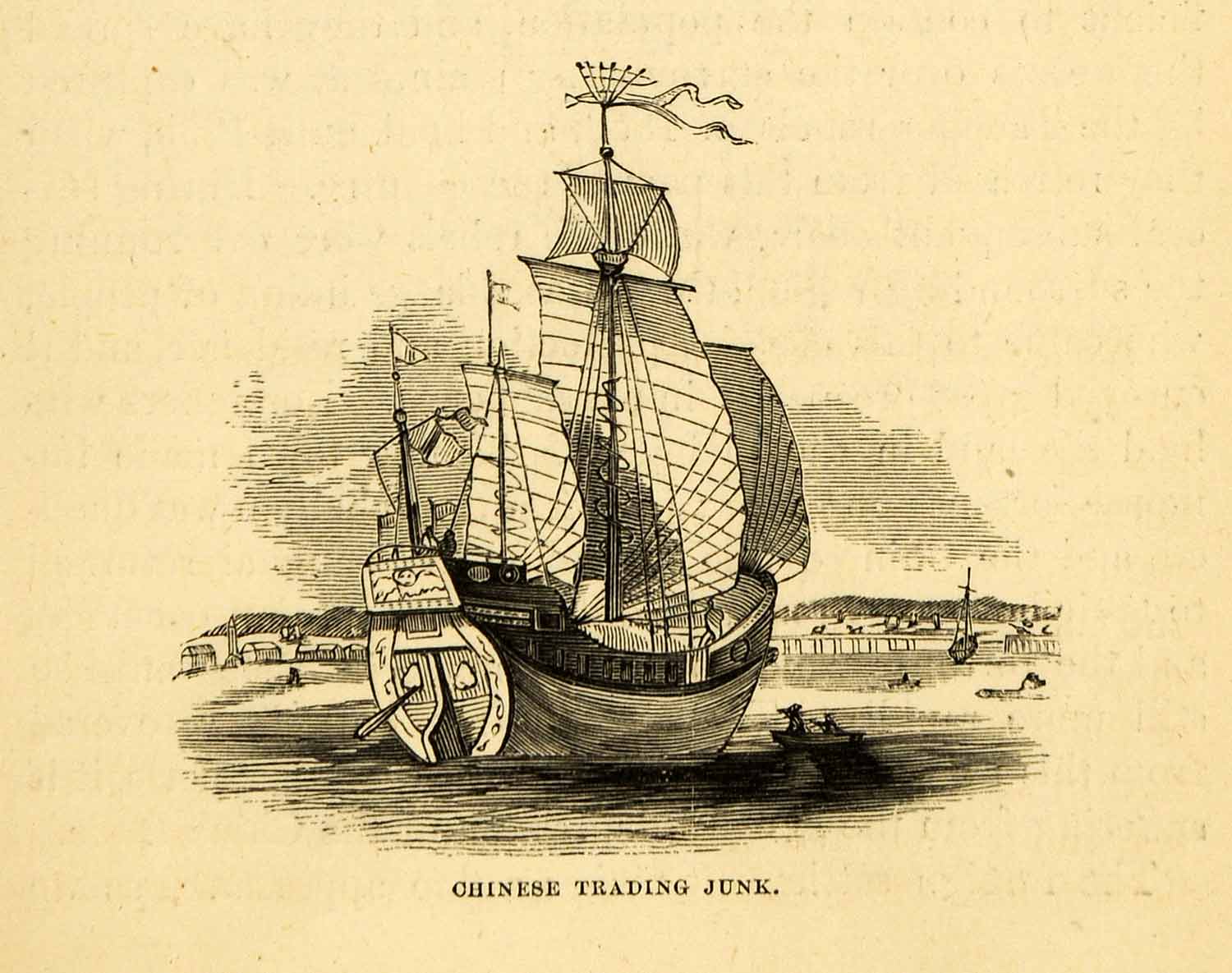 1872 Wood Engraving Chinese Trading Junk Sailboat Hong Kong East Asian Sea XGK6