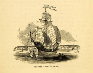 1872 Wood Engraving Chinese Trading Junk Sailboat Hong Kong East Asian Sea XGK6